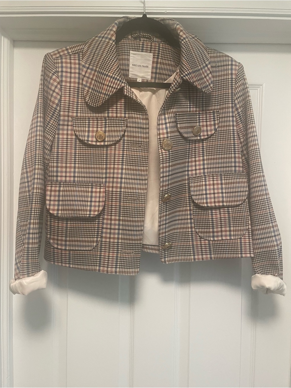 Avec Les Filles Plaid Cropped Jacket in Neutral Tones